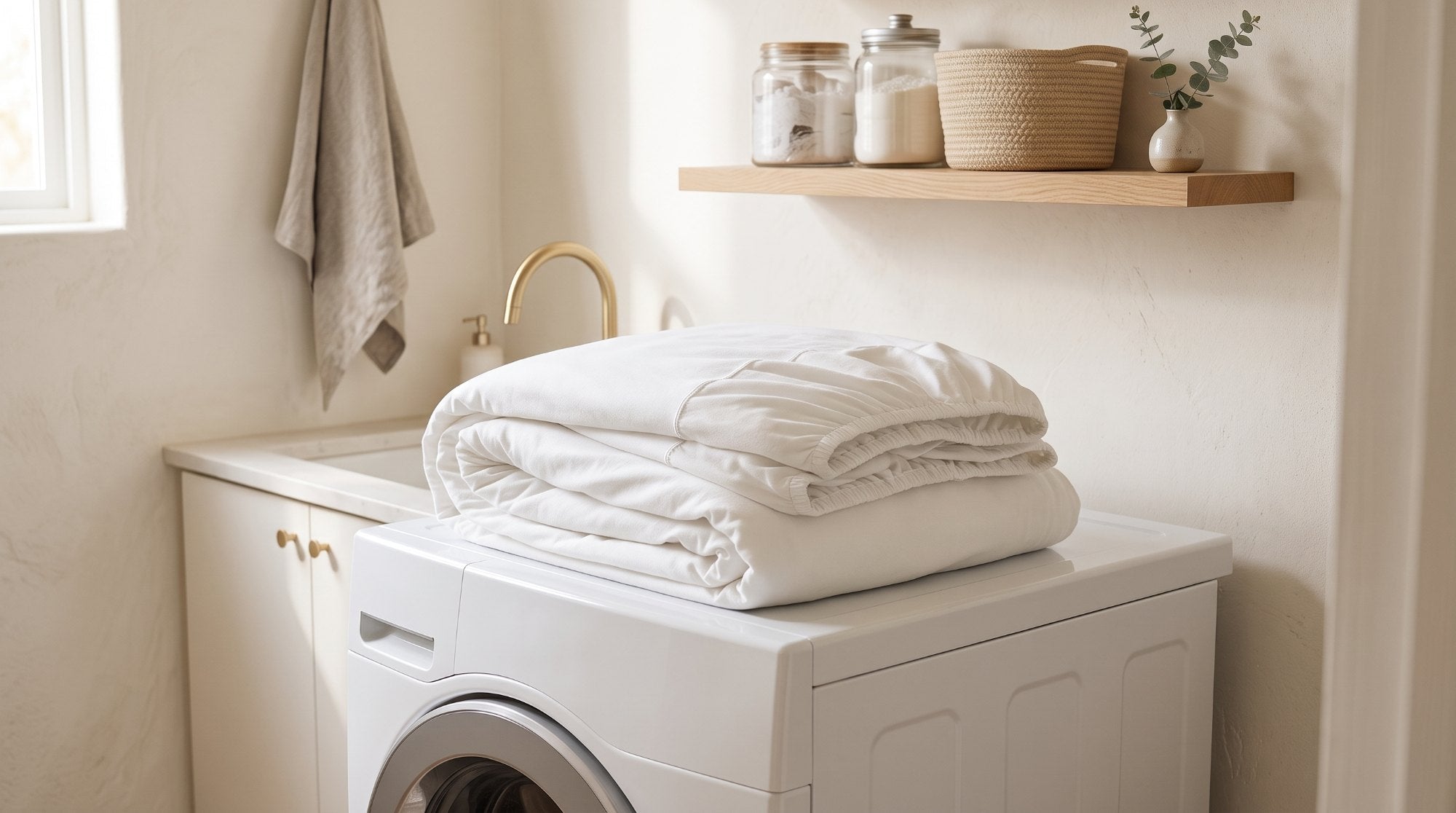 Protège-matelas imperméable plié sur un lave-linge, lavable à 30 °C