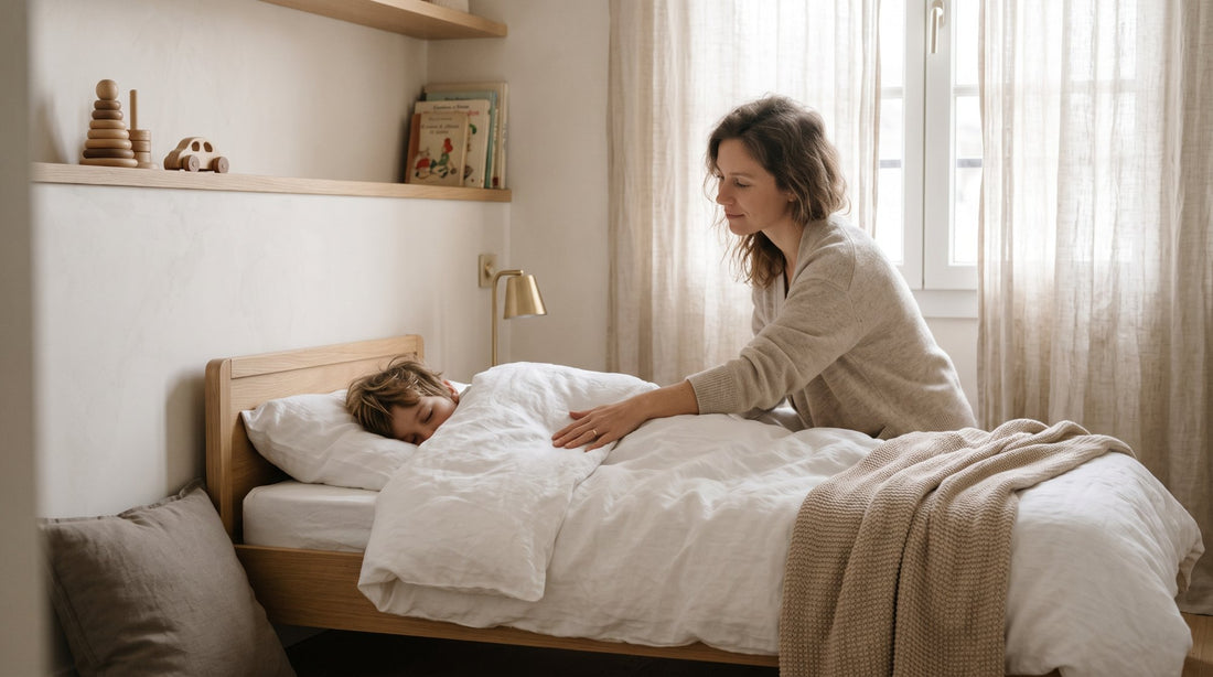 Famille détendue sur un lit protégé par un protège-matelas Domeliss