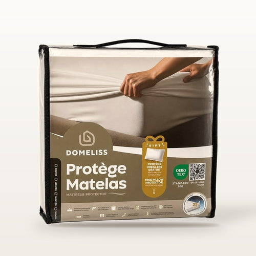 Protège-matelas imperméable silencieux Domeliss dans son sac zippé, protège-oreiller offert