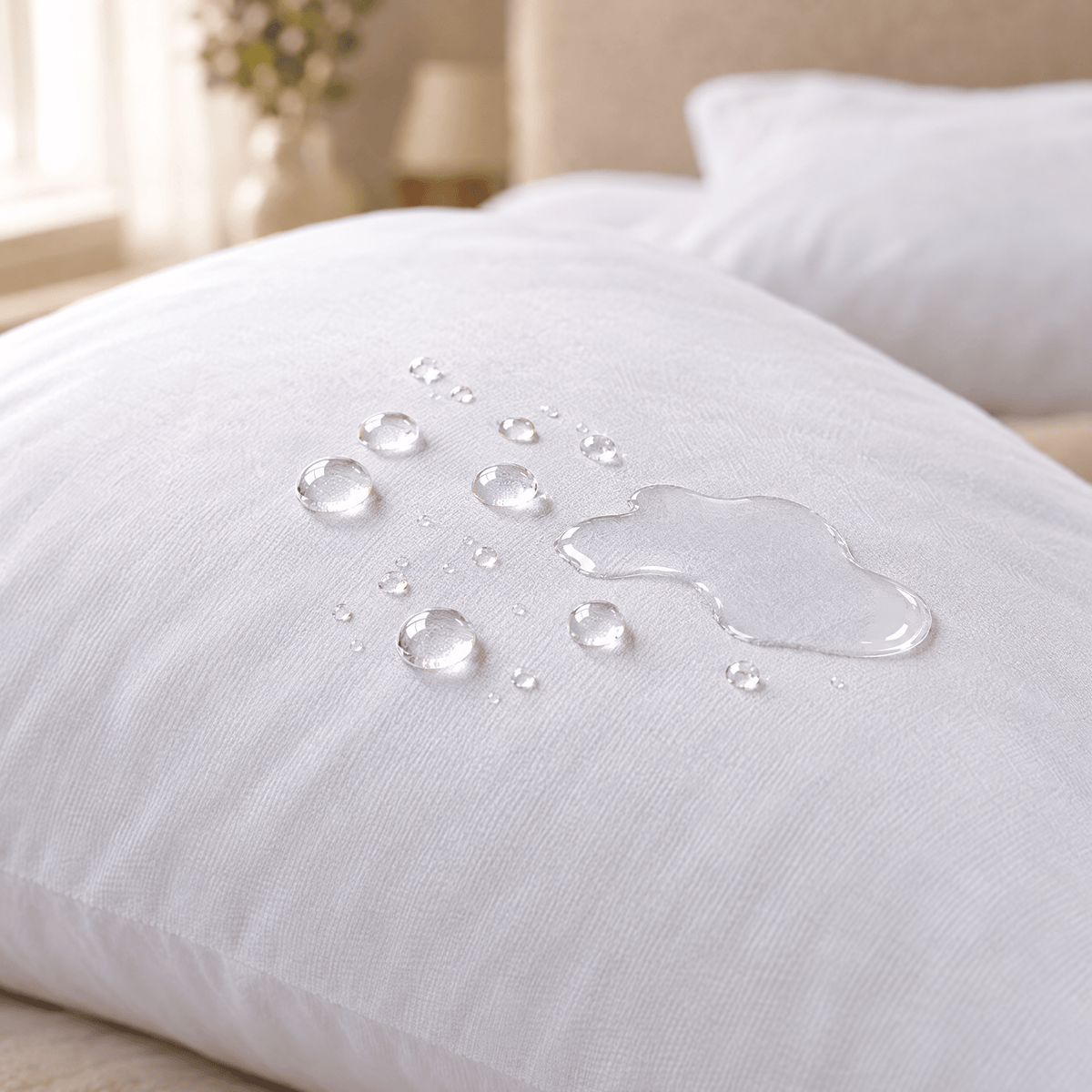 Gouttes d'eau perlant sur le protège-oreiller imperméable, l'oreiller reste sec